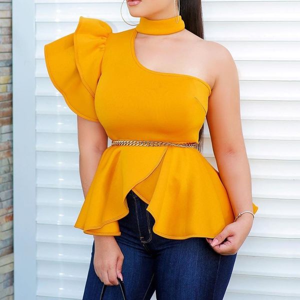 

women summer yellow asymmetric blouse shirt falbala ladies one shoulder high waist peplum ruffles party club female, White