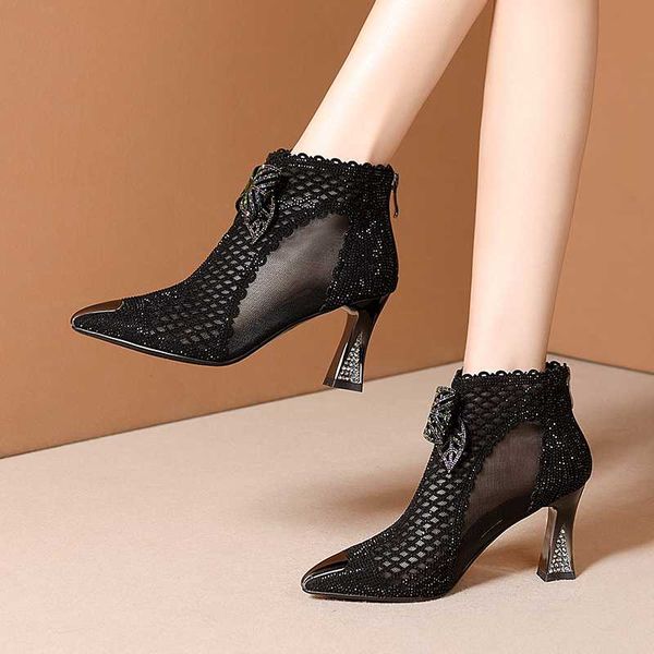 2020 new mesh sandals womens high heel leather ankle boots summer hollow breathable mesh boots rome shoes cool, Black