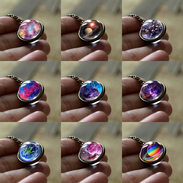 Nebula Galaxy Double Sided Pendant Necklace For women Mens Glass Art Picture Handmade Statement Universe Planet Jewelry in Bulk