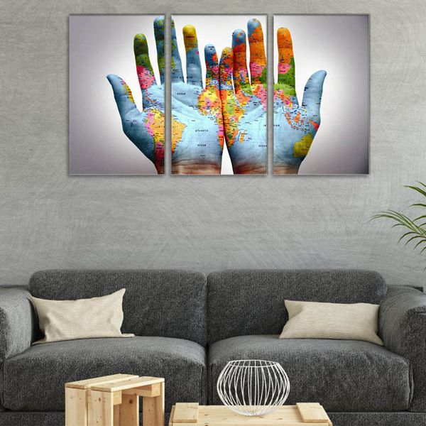 3 panel world map on a pair of hands canvas painting wall art for home decor
3 panel world map on a pair of hands canvas painting wall art for home decor