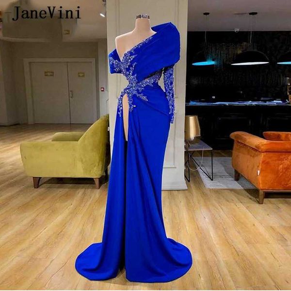 janevini royal blue one shoulder long sleeves evening dresses with beaded rhinestones high split mermaid satin formal gowns, White;black
janevini royal blue one shoulder long sleeves evening dresses with beaded rhinestones high split mermaid satin formal gowns, White;black