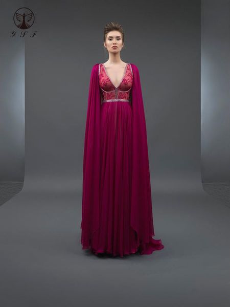 plunging v neck lace beaded chiffon floor lenght fushia prom dresses with cape, White;black
plunging v neck lace beaded chiffon floor lenght fushia prom dresses with cape, White;black