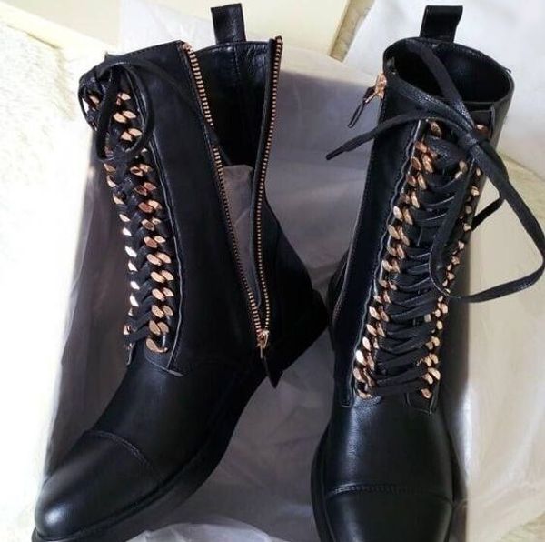 fashion gold chain ankle boots black leather lace-up stacked heel flat motorcycle boots women round toe lady runway ridding boot
fashion gold chain ankle boots black leather lace-up stacked heel flat motorcycle boots women round toe lady runway ridding boot