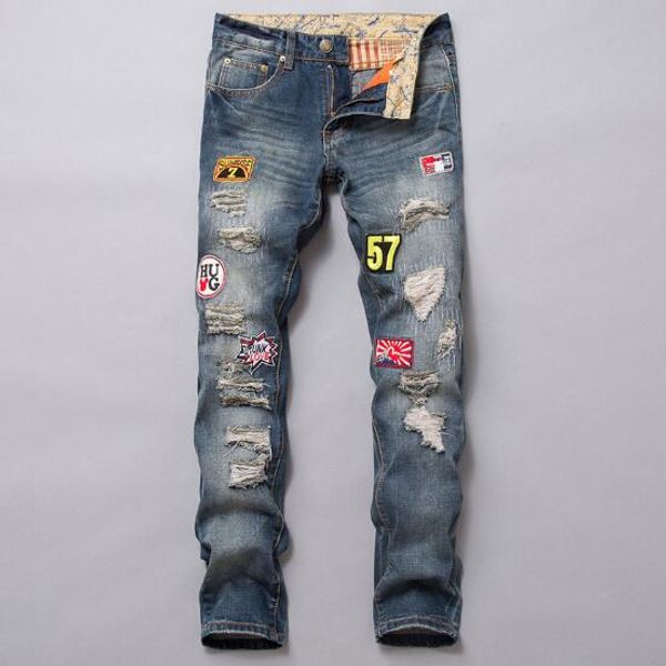 2019 new fashion style mens designer jeans embroidery badge holes straight fashion jeans large size free shipping, Blue
2019 new fashion style mens designer jeans embroidery badge holes straight fashion jeans large size free shipping, Blue