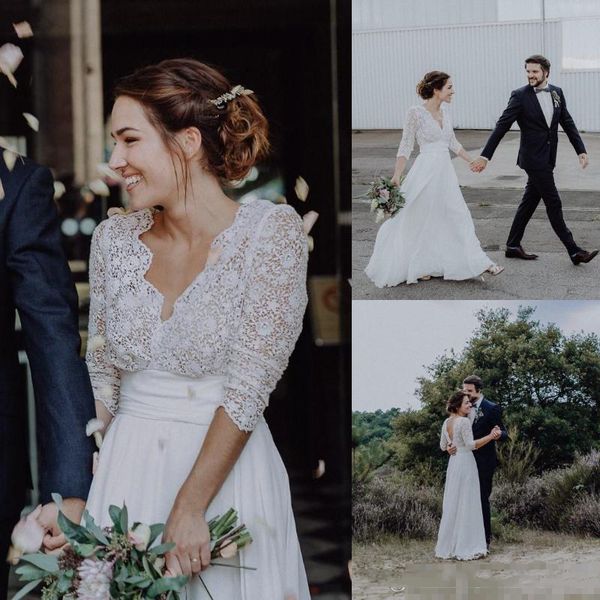 lace chiffon country weding dresses a line backless bohemian beach boho bridal gowns 3/4 long sleeves bride dress plus size, White
lace chiffon country weding dresses a line backless bohemian beach boho bridal gowns 3/4 long sleeves bride dress plus size, White