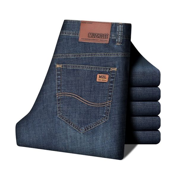 mens designer four seasons muzhilee business casual elastic straight tube high waist youth jeans, Blue
mens designer four seasons muzhilee business casual elastic straight tube high waist youth jeans, Blue