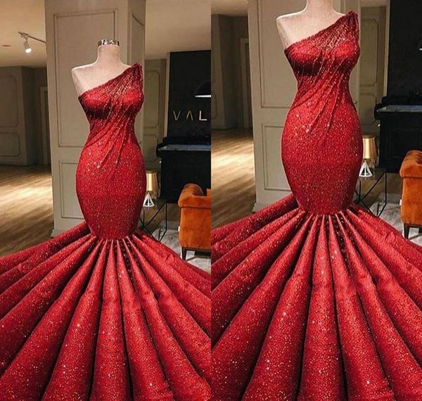 red modest mermaid prom dresse sleeveless one shoulder ruched satin crystal party dress sweep train robes de soirée, Black
red modest mermaid prom dresse sleeveless one shoulder ruched satin crystal party dress sweep train robes de soirée, Black