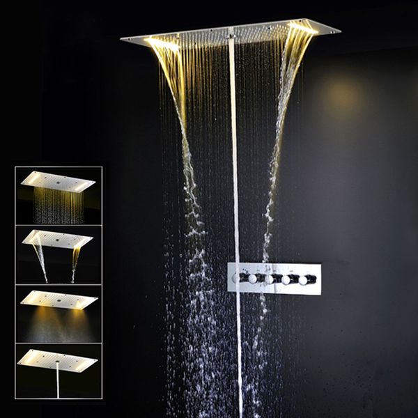 

Bathroom LED Shower Set 4 ways Mixer Valve Ceiling ShowerHead Panel Rainfall Waterfall Massage Bath System Faucets 380*700MM