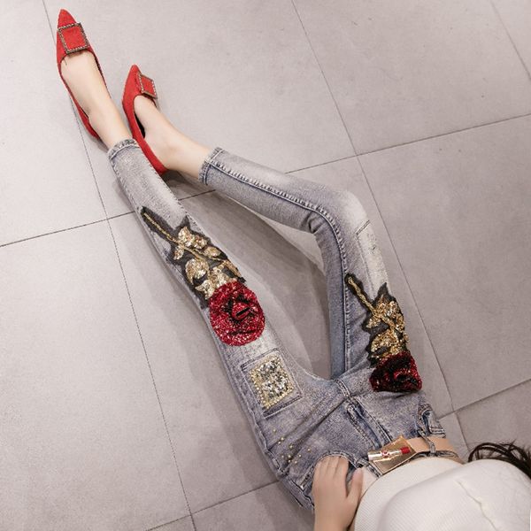 new sequin women denim jeans boyfriend pencil pants embroidery flowers embroidered feamle pencil pants, Blue
new sequin women denim jeans boyfriend pencil pants embroidery flowers embroidered feamle pencil pants, Blue