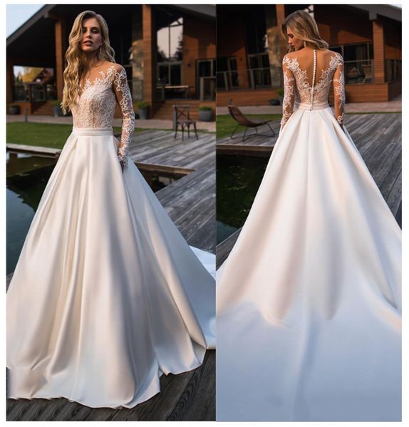 2019 elegant satin a line wedding dresses sheer long sleeves lace sweep train wedding bridal gowns with buttons, White
2019 elegant satin a line wedding dresses sheer long sleeves lace sweep train wedding bridal gowns with buttons, White