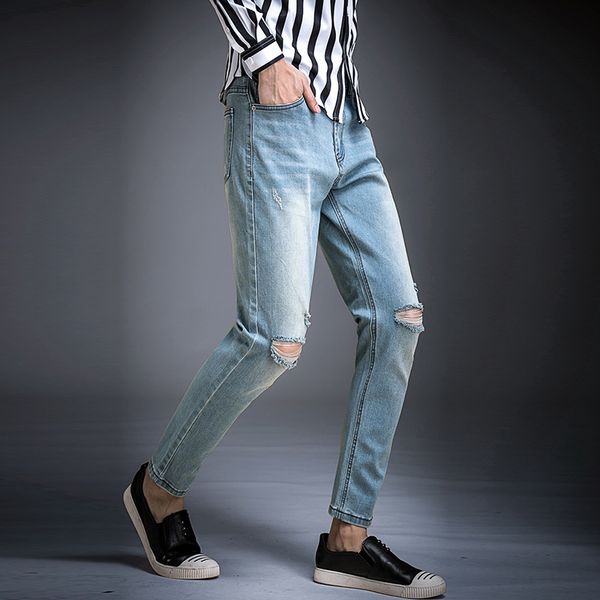 men slim cotton casual pencil jeans ripped hole fashion ankle length jeans stretch distress with knee hole aa11456, Blue
men slim cotton casual pencil jeans ripped hole fashion ankle length jeans stretch distress with knee hole aa11456, Blue