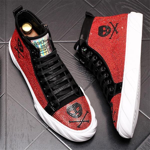 bling bling men ankle boots skull print round toe flat heel fashion sneakers hip hop shoes 6#20/20d50, Black
