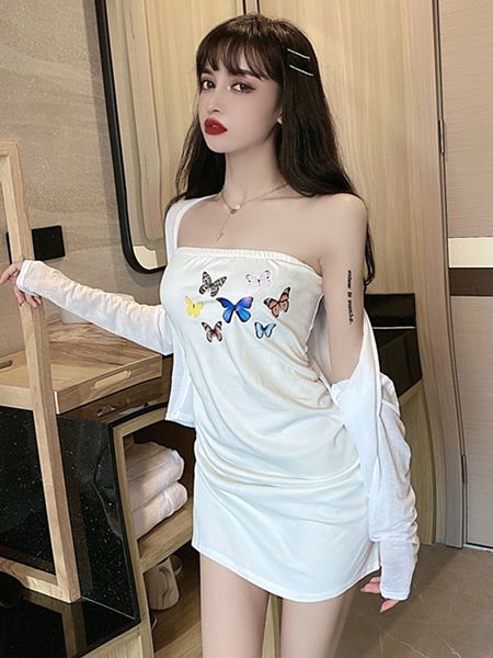women dresses fashion ageing suit womens long-sleeved sunscreen cardigan coat tube butterfly print slim-fit arm dress, White;black