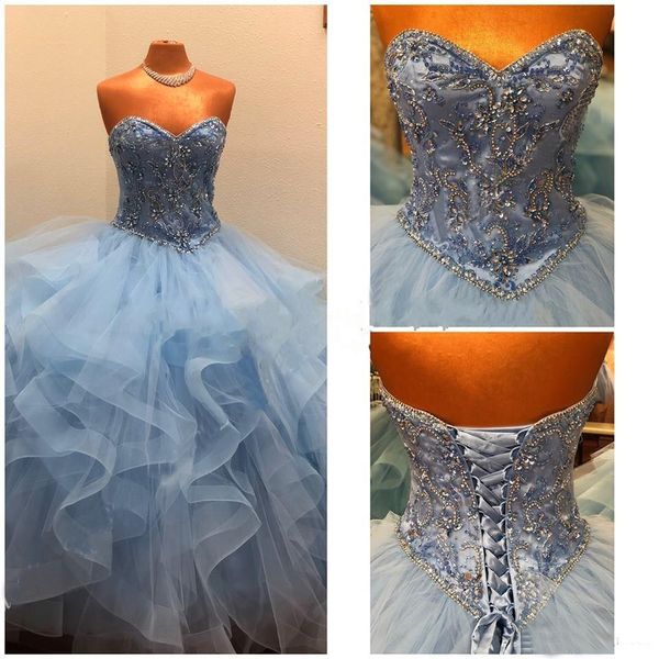 2019 Quinceanera Dresses Crystal Beaded Bodice Flounced Tulle Ball gown Prom Gowns Lace Up Back Ruffle Skirt vestidos de 15 anos
2019 Quinceanera Dresses Crystal Beaded Bodice Flounced Tulle Ball gown Prom Gowns Lace Up Back Ruffle Skirt vestidos de 15 anos