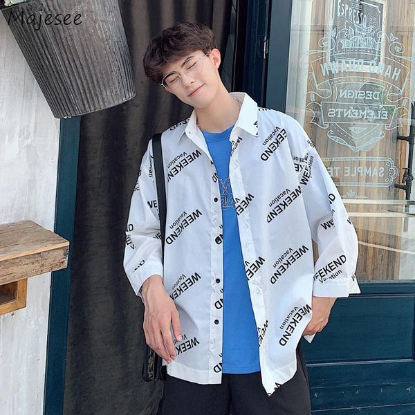 men shirts summer three quarter sleeves printed ulzzang style casual loose shirt all match students male streetwear fashion, White;black
men shirts summer three quarter sleeves printed ulzzang style casual loose shirt all match students male streetwear fashion, White;black