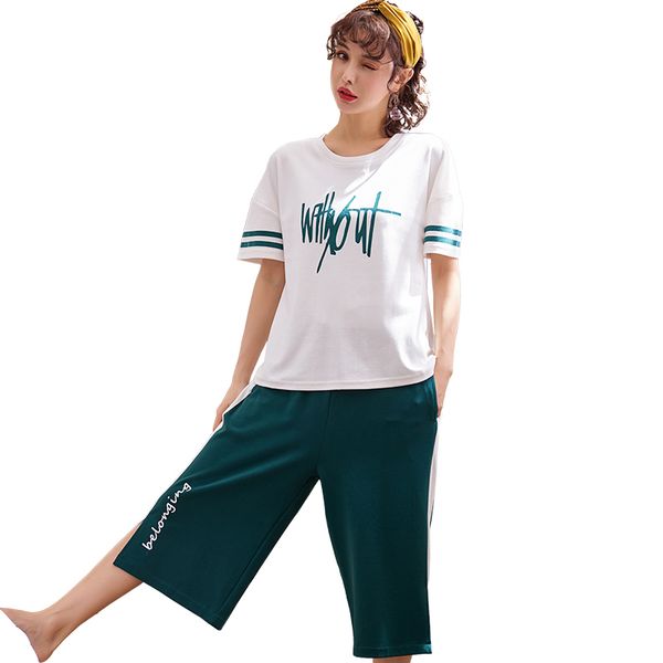 cute full cotton women's casual pants short sleeve t-shirt sleepwear 2019 summer pajamas sets for women pyjamas homewear, Blue;gray
cute full cotton women's casual pants short sleeve t-shirt sleepwear 2019 summer pajamas sets for women pyjamas homewear, Blue;gray