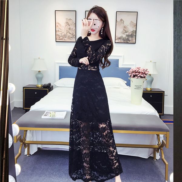 2020 spring korean-style tight slim-fit long-sleeved dress fishtail bag hip base lace dress female, White;black