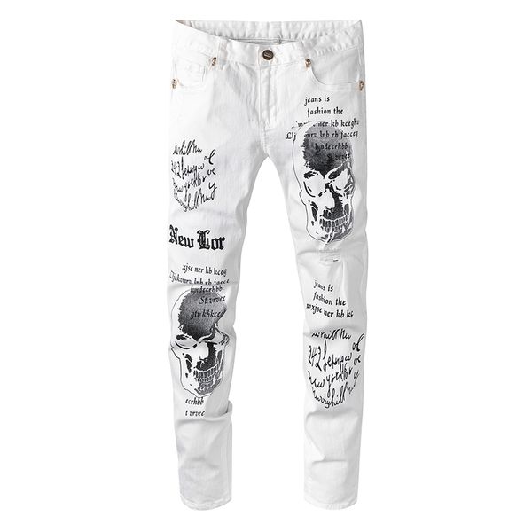 men's skull printed white ripped jeans fashion letters painted stretch denim pants, Blue
men's skull printed white ripped jeans fashion letters painted stretch denim pants, Blue