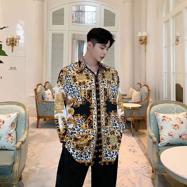 men long sleeve satin style vintage print loose casual chic shirt male streetwear hip hop party dress shirts stage show costumes, White;black
men long sleeve satin style vintage print loose casual chic shirt male streetwear hip hop party dress shirts stage show costumes, White;black