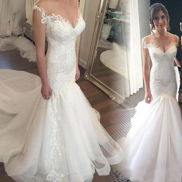 elegant mermaid wedding dress lace applique sheer neck beaded illusion back tulle court train wedding gowns, White
elegant mermaid wedding dress lace applique sheer neck beaded illusion back tulle court train wedding gowns, White
