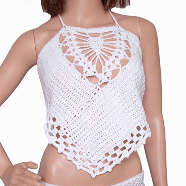 white crochet - halter neck - hippie clothes bandeau tank backless beach cover up, White;black
white crochet - halter neck - hippie clothes bandeau tank backless beach cover up, White;black