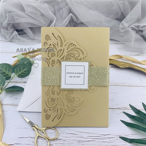 gold laser wedding invites with glitter belly band +tag with initials+ customized insert and rsvp card, Black
gold laser wedding invites with glitter belly band +tag with initials+ customized insert and rsvp card, Black