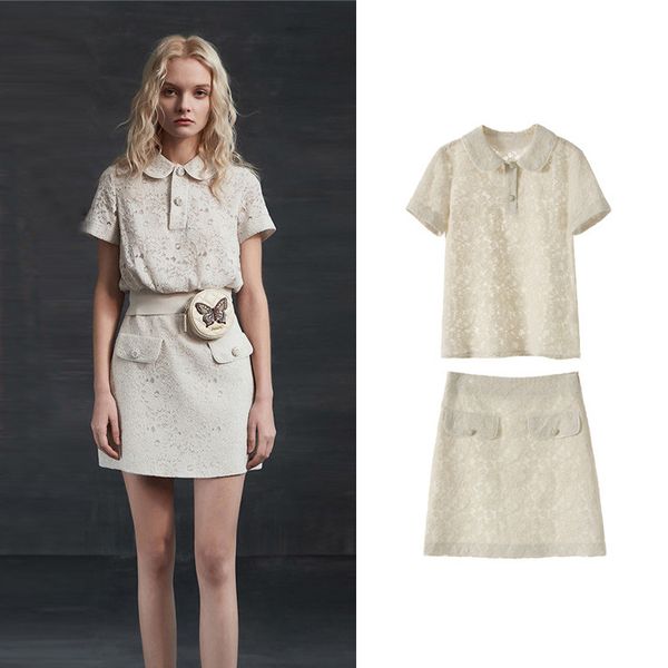 new button doll collar lace micro hollow out coat fake pocket spring pockets hip skirt g04102, White
new button doll collar lace micro hollow out coat fake pocket spring pockets hip skirt g04102, White