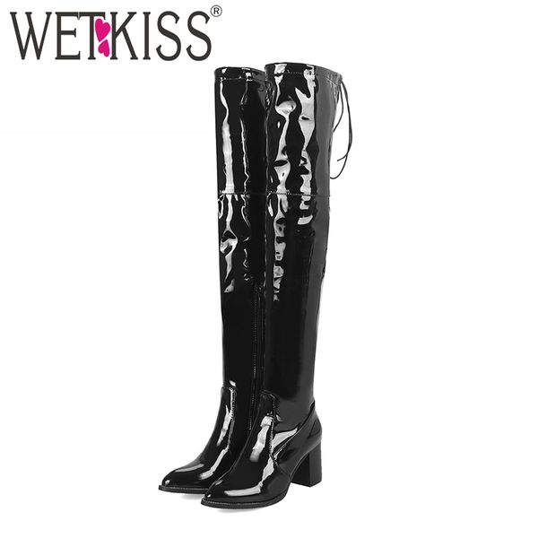 wetkiss over the knee women boots pointed toe cross tied footwear thick high heels female boot patent pu shoes woman winter 2018, Black
wetkiss over the knee women boots pointed toe cross tied footwear thick high heels female boot patent pu shoes woman winter 2018, Black