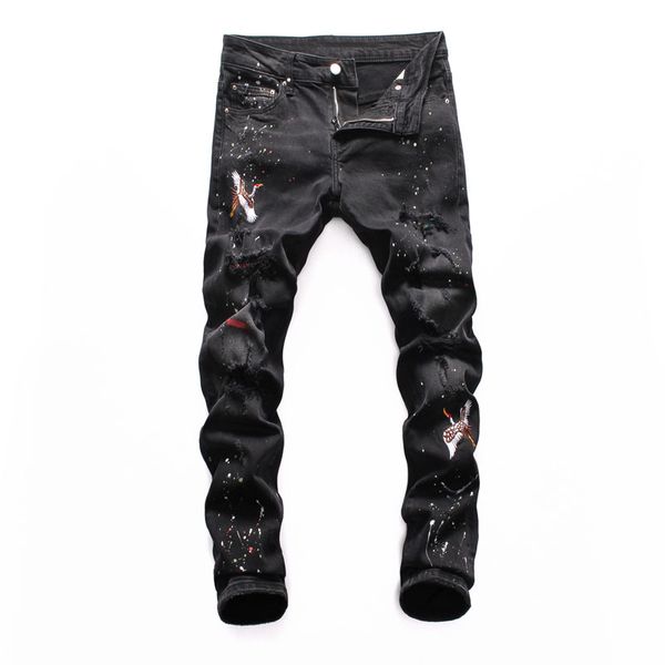 fashion streetwear men jeans black color slim fit elastic paint ripped jeans embroidery designer hip hop men, Blue
fashion streetwear men jeans black color slim fit elastic paint ripped jeans embroidery designer hip hop men, Blue