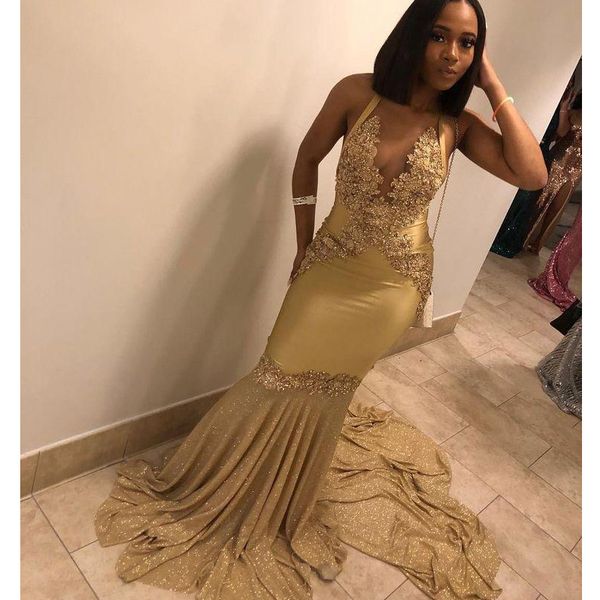 gold long mermaid prom dresses new sleeveless halter neck sweep strain applique beading formal evening dress party gowns, Black
gold long mermaid prom dresses new sleeveless halter neck sweep strain applique beading formal evening dress party gowns, Black