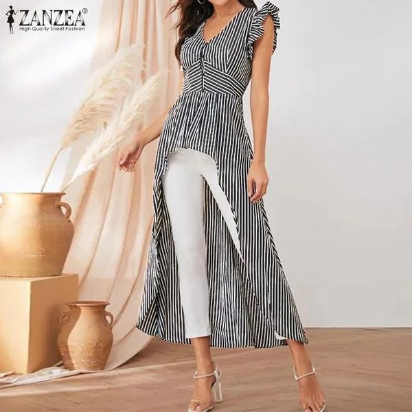stylish women v neck ruffles blouse summer sleeveless asymmetrical shirt zanzea casual striped long high low blusas, White
stylish women v neck ruffles blouse summer sleeveless asymmetrical shirt zanzea casual striped long high low blusas, White