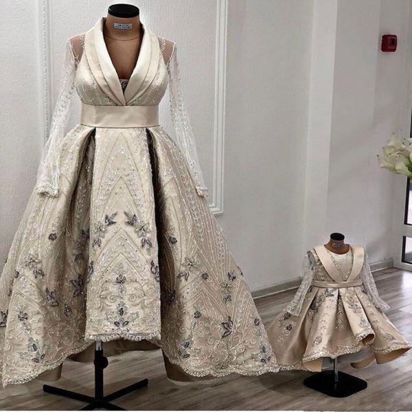 african high low evening dresses v neck appliques lace embroidery illusion long sleeves prom dress robe de soiree satin dubai party gowns, Black;red