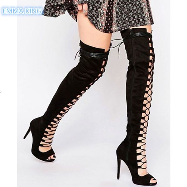 

spring autumn new lace-up over knee boots women peep toe stilettos fashion thigh high boots hollow roman high heels shoes, Black