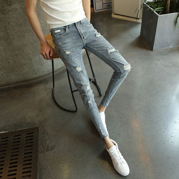 2019 summer hole jeans male korean version of the tight men's pants youth stretch feet pants slim light nine, Blue
2019 summer hole jeans male korean version of the tight men's pants youth stretch feet pants slim light nine, Blue
