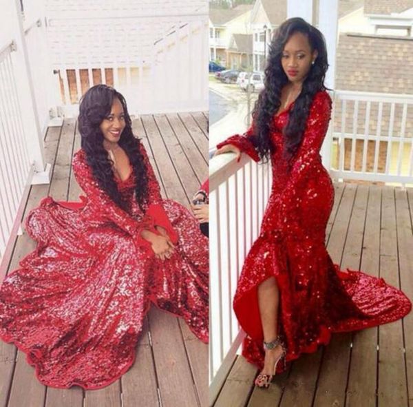 2019 sparkly red sequins prom dresses deep v neck high low sweep train long sleeves black girl formal evening wear plus size
2019 sparkly red sequins prom dresses deep v neck high low sweep train long sleeves black girl formal evening wear plus size