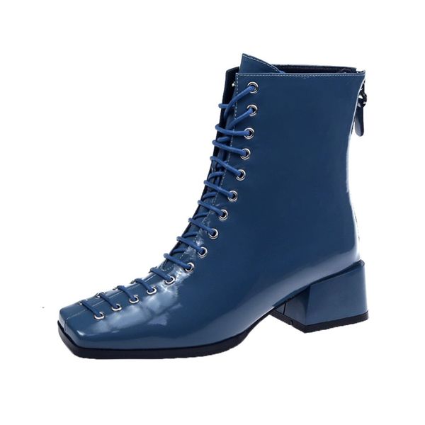 square toe ankle boots women fashion blue patent leather lace-up mid high shoes british style  bota feminina dropshipping, Black
square toe ankle boots women fashion blue patent leather lace-up mid high shoes british style  bota feminina dropshipping, Black