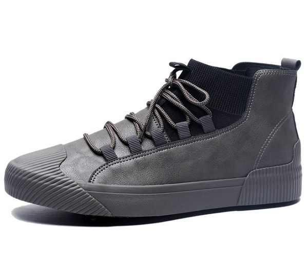 new fashion male casual shoes high lace up men's leather casual sneakers fashion black gray flats shoes