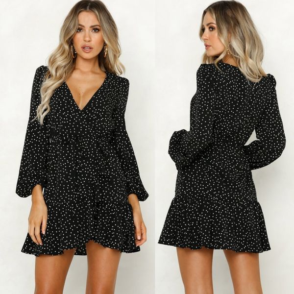 women v neck polka dot black mini dress vintage autumn winter women long sleeve wrap sress elegant party dresses ladies, Black;pink
women v neck polka dot black mini dress vintage autumn winter women long sleeve wrap sress elegant party dresses ladies, Black;pink
