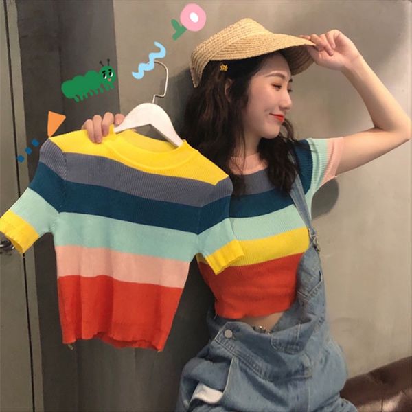 rainbow striped round collar short-sleeved white t-shirt short slim and slim navel knitted female
rainbow striped round collar short-sleeved white t-shirt short slim and slim navel knitted female