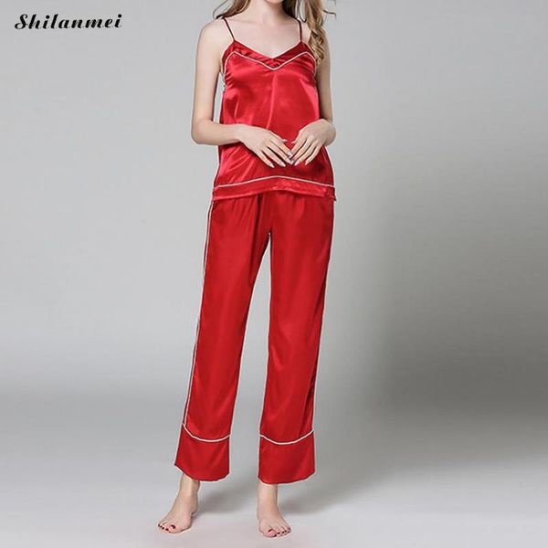 women's sleepwear real silk women pajama set strap v-neck camis with long pants satin summer home clothing, Black;red
women's sleepwear real silk women pajama set strap v-neck camis with long pants satin summer home clothing, Black;red