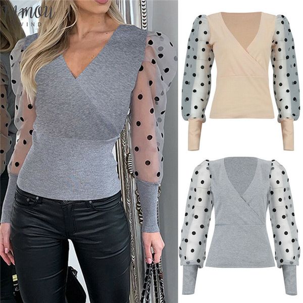 women fashion long sleeve sheer mesh blouse puff sleeve vintage polka dot printed sleeve slim knitted blouse shirts, White 
women fashion long sleeve sheer mesh blouse puff sleeve vintage polka dot printed sleeve slim knitted blouse shirts, White
