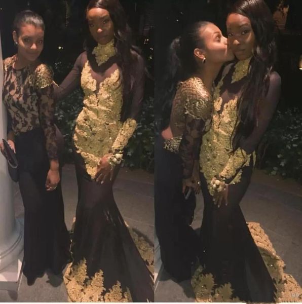 black and gold mermaid prom dresses 2019 african high neck lace appliques long sleeves illusion bodice evening party gowns
black and gold mermaid prom dresses 2019 african high neck lace appliques long sleeves illusion bodice evening party gowns