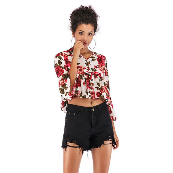 spring selling new women's trumpet sleeve broken flower snow-spinning shirt with small v-collar short shirt girl, Black;brown
spring selling new women's trumpet sleeve broken flower snow-spinning shirt with small v-collar short shirt girl, Black;brown