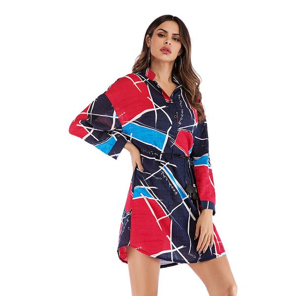 2019 spring and summer new women's wear geometrically coloured printed shirts female long hairwear belt shirt girl, White
2019 spring and summer new women's wear geometrically coloured printed shirts female long hairwear belt shirt girl, White