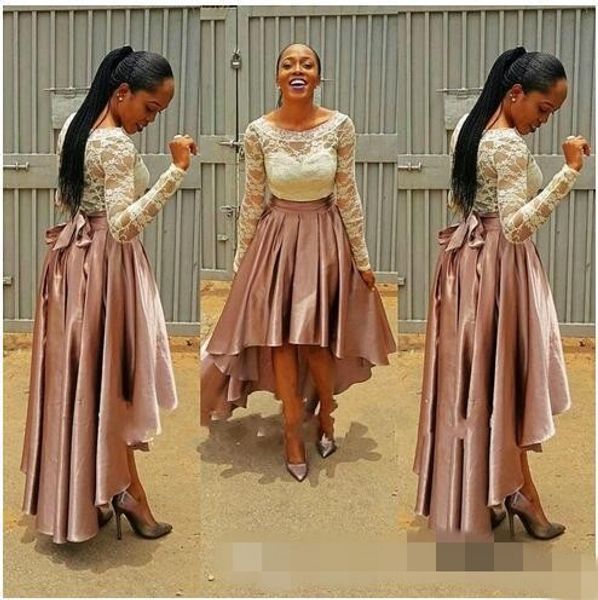 white lace long sleeves prom dresses pink satin high low plus size scoop neck illusion custom made evening party gowns formal occasion wear, Black
white lace long sleeves prom dresses pink satin high low plus size scoop neck illusion custom made evening party gowns formal occasion wear, Black