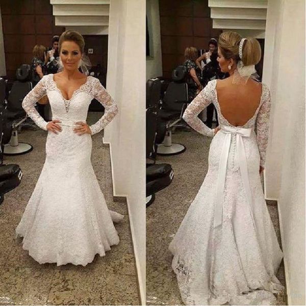 open back lace wedding dreses long sleeves mermaid bridal dresses with removable sash v neck ivory lace wedding gown custom made, White
open back lace wedding dreses long sleeves mermaid bridal dresses with removable sash v neck ivory lace wedding gown custom made, White
