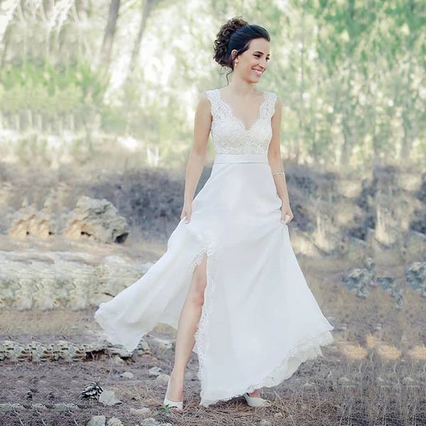 simple lace beach wedding dress sleeveless applique chiffon split bridal gowns open back custom size wedding dresses, White
simple lace beach wedding dress sleeveless applique chiffon split bridal gowns open back custom size wedding dresses, White