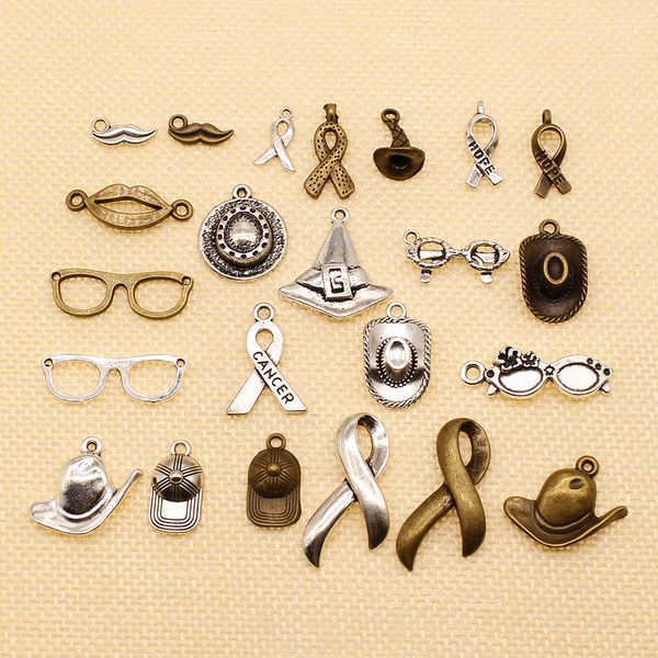 100 pieces metal charms or bracelet charms hat glasses lips aids ribbon hj009, Bronze;silver
100 pieces metal charms or bracelet charms hat glasses lips aids ribbon hj009, Bronze;silver