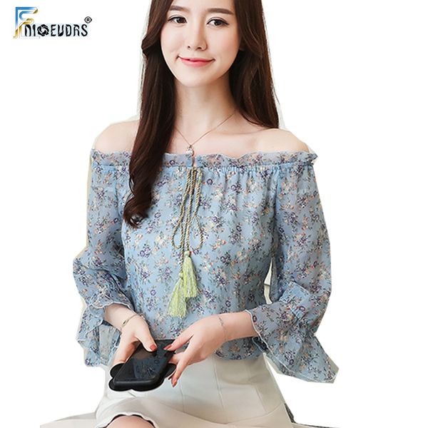 chiffon blouse shirts women flare sleeve cute sweet bow tie floral printed chiffon open off shoulder shirt green blue, White
