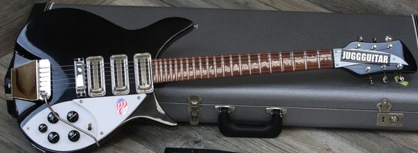 

rare short scale ric john lennon 325 jetglo black semi hollow electric guitar gloss fretboard, accent vibrato, double tier white pick guard